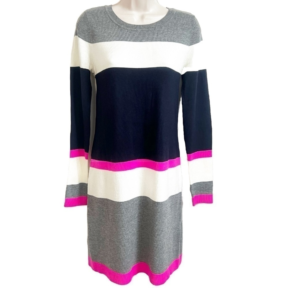 Eliza J Long Sleeve Colorblock Stripe Sweater Mini Dress Crew Neck Small Gray